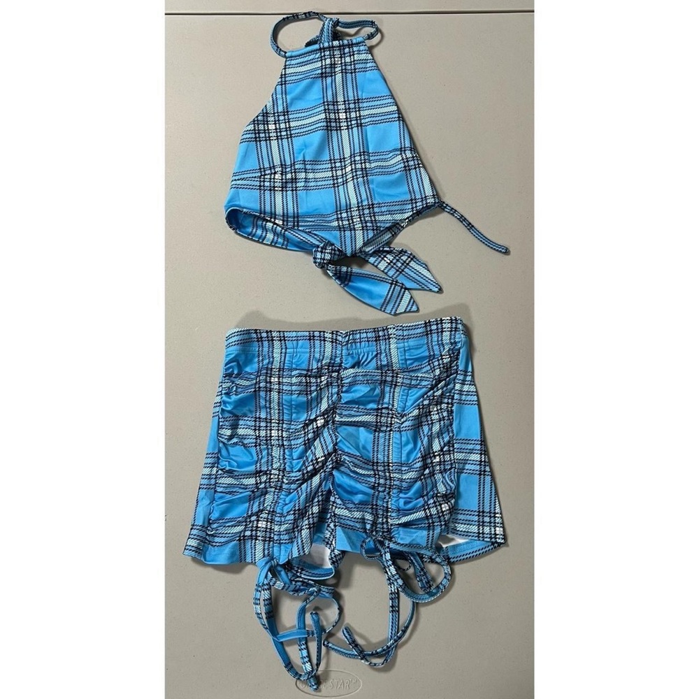 Blue Plaid Halter Top and Shorts Coords Matching Set 💙🤍🖤 #plaid #croptop